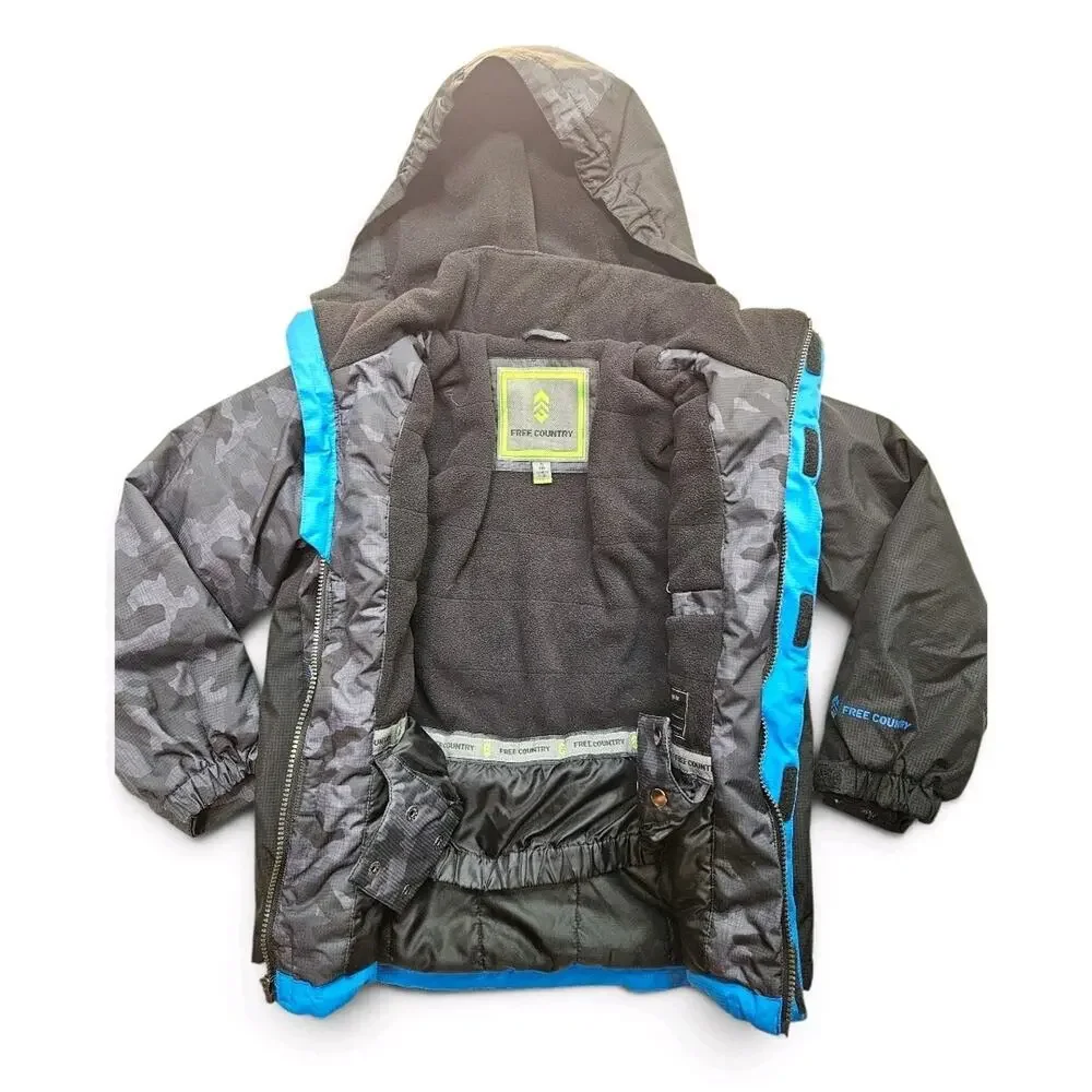 Free Country Hooded Full Zip Fleece Lined Camo Jacket Black/Gray/Blue Kids S